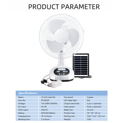 Ventilador solar recargable de 12 pulgadas con batería y 2 bombillas LED Solución sostenible